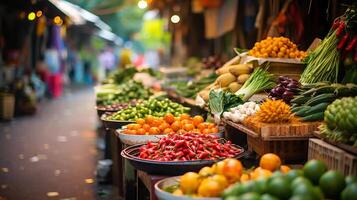 ai generado un animado calle mercado en Sureste Asia con exótico frutas y especias foto