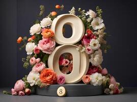 AI generated 3D Women's day, 8 march,8 number decorated by flowers. photo