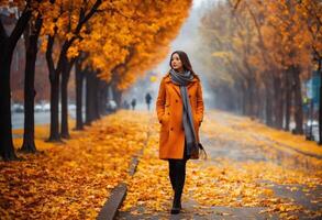 ai generado un mujer caminando en un hermosa romántico pasarela árbol túnel en el otoño temporada foto