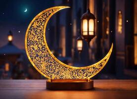 AI generated Ramadan kareem with golden luxurious crescent moon, lantern or fanoos, Islamic Background. photo