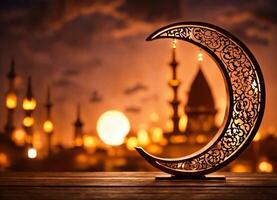 AI generated Ramadan kareem with golden luxurious crescent moon, lantern or fanoos, Islamic Background. photo