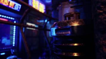 A close up of a metal object with neon lights in the background video