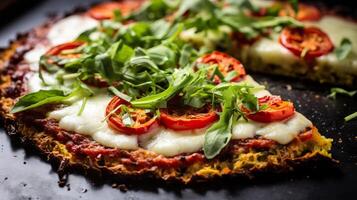 AI generated Closeup of gluten free cauliflower pizza photo