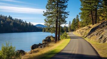 AI generated A road leading to a peaceful lakeside retreat photo