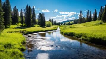 ai generado un pacífico río devanado mediante un tranquilo prado foto