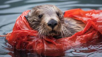 AI generated Sea otter wrapped in plastic fishing line photo