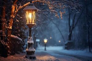 AI generated A rustic lamppost in winter photo