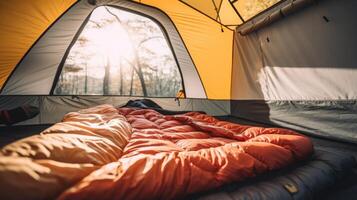 AI generated A cozy sleeping bag inside a spacious tent photo