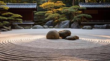 ai generado un zen jardín con cuidadosamente metido rocas y grava foto