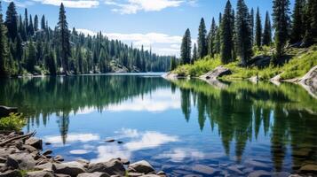 AI generated A serene, reflective lake surrounded by evergreen trees photo