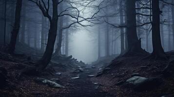 AI generated Moody forest with ethereal fog photo