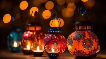 AI generated Diwali decorations with glowing lanterns photo