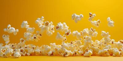 AI generated flying popcorn on a yellow background. popcorn in motion, cinema theme, fun photo