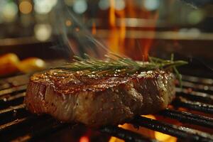 AI generated Grilled steak served with spices and herbs. aesthetic image of the restaurant, menu. photo