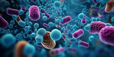 AI generated Realistic image of bacteria, microorganisms. macro photography. Gut bacteria, good and bad bacteria, microbiome, bacteria in the digestive system photo