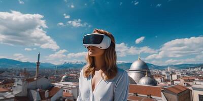 AI generated A photorealistic image of a young girl wearing VR glasses against the backdrop of a landscape with city buildings. Image on the theme of augmented reality. Technologies photo