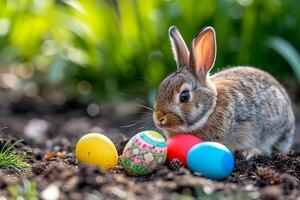 AI generated Easter bunny with colored eggs. Easter symbol photo