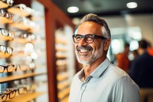 AI generated Portrait of a man in a glasses store. Choosing a frame for glasses photo