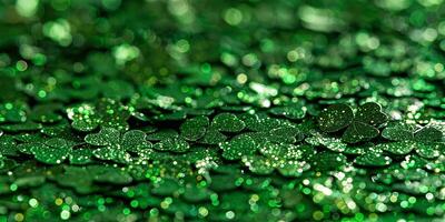 AI generated background with green clover and gold sparkles. St. Patrick's Day decoration photo