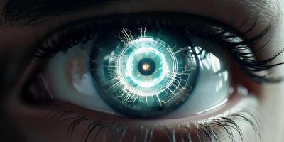 ai generado inteligente contacto lente con biométrico retina implantes el concepto de el nuevo tecnología es iris reconocimiento. foto