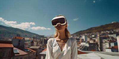 AI generated A photorealistic image of a young girl wearing VR glasses against the backdrop of a landscape with city buildings. Image on the theme of augmented reality. Technologies photo