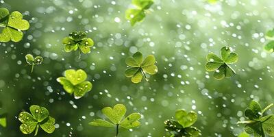 AI generated background with green four-leaf clover and water splashes. St. Patrick's Day decoration photo