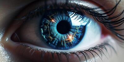 ai generado inteligente contacto lente con biométrico retina implantes el concepto de el nuevo tecnología es iris reconocimiento. foto