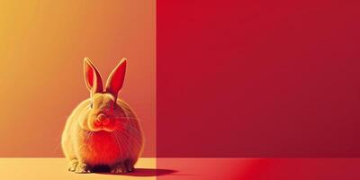 AI generated Easter bunny on a red background. Happy Easter card. Minimalism. Easter background. photo