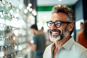 AI generated Portrait of a man in a glasses store. Choosing a frame for glasses photo