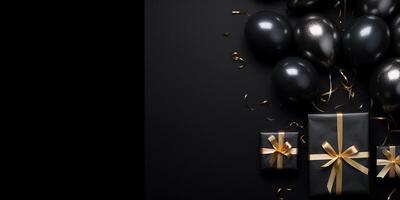 AI generated gift box with black balloons and gold ribbon on a black background. Black Friday photo