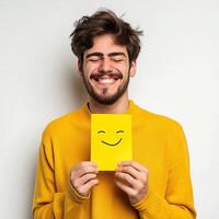 AI generated man holding card with smiling emoji. emotion photo