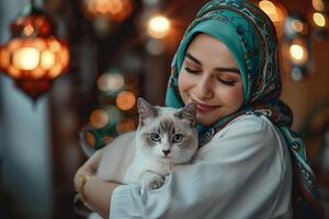 ai generado linda niña en un hiyab, en musulmán ropa con un gato. Ramadán fiesta foto
