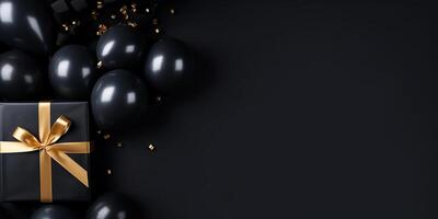 ai generado regalo caja con negro globos y oro cinta en un negro antecedentes. negro viernes foto