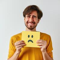 AI generated man holding a card with a sad emoji. emotion photo