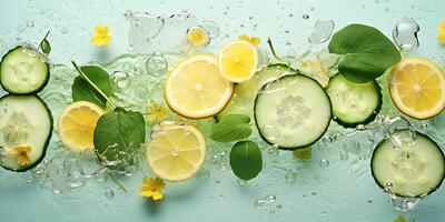 AI generated Sliced cucumbers and lemon with mint leaves float in the water. Freshness photo