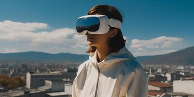 AI generated A photorealistic image of a young girl wearing VR glasses against the backdrop of a landscape with city buildings. Image on the theme of augmented reality. Technologies photo