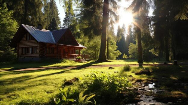 ai generado boscoso retirada pensión con pacífico caminos y oportunidades para ornitología foto