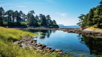 AI generated Serene coastal inlet with calm waters and lush greenery photo