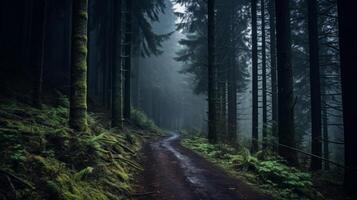 AI generated Moody and atmospheric forest trail photo