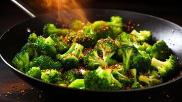 AI generated A toss of broccoli florets in a wok photo