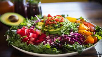 AI generated A beautifully arranged salad with vibrant colors and fresh ingredients photo