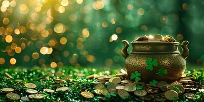 AI generated pot with gold coins and clover. St. Patrick's Day background. photo