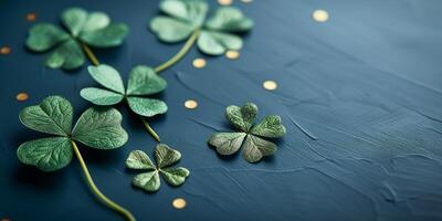 AI generated background with green clover and gold sparkles. St. Patrick's Day decoration photo