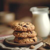 ai generado un jarra de frio Leche con harina de avena galletas. gusto de infancia. foto