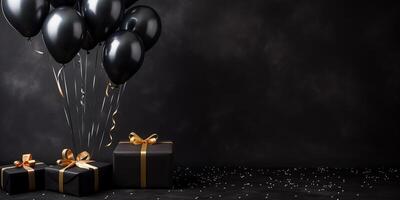 AI generated gift box with black balloons and gold ribbon on a black background. Black Friday photo