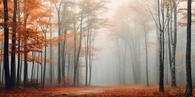 ai generado camino en un brumoso otoño bosque. maravilloso otoño bosque foto