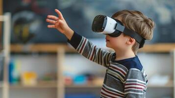 AI generated Happy young schoolboy in VR glasses smiling and gesturing with his hands while interacting with his virtual environment photo