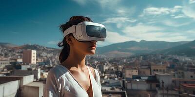 AI generated A photorealistic image of a young girl wearing VR glasses against the backdrop of a landscape with city buildings. Image on the theme of augmented reality. Technologies photo