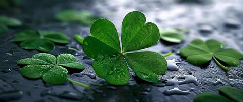 AI generated background with green four-leaf clover and water splashes. St. Patrick's Day decoration photo