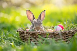 AI generated Easter bunny with colored eggs. Easter symbol photo